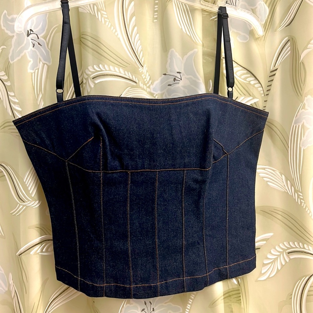 Denim bustier top with adjustable straps and back zipper